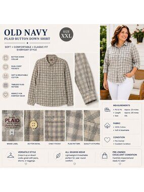 Plaid 100% Cotton Flannel Button-Up Shirt Womens Gray & White Cabin Cottage
